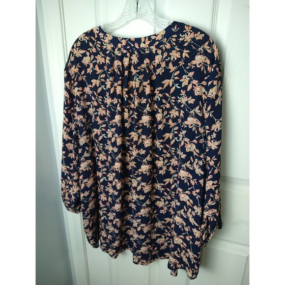 Cynthia Rowley Woman 3X Blouse V Neck Blue Coral Floral Semi Sheer Pullover 3/4 - Picture 11 of 11